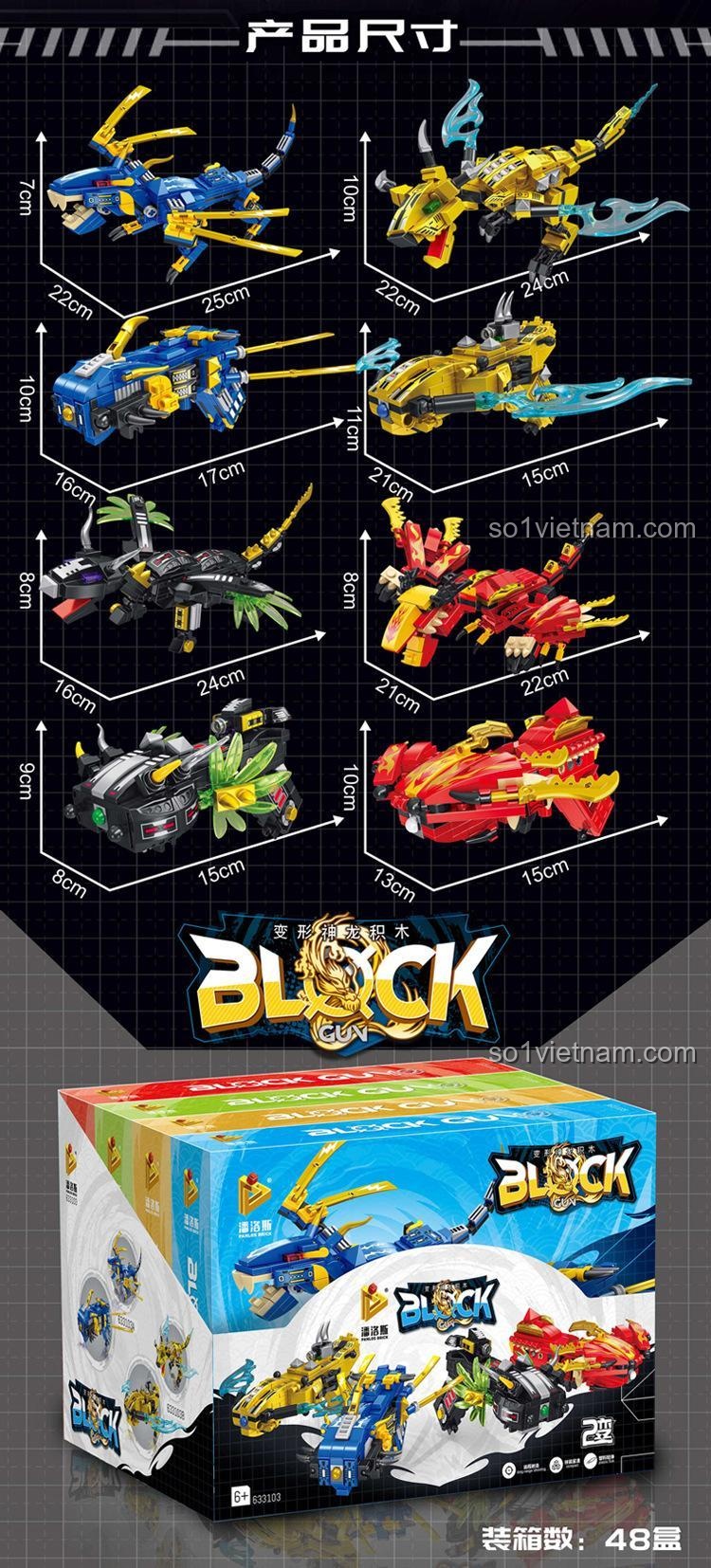 Kích thước chi tiết các mô hình Súng Rồng Thần Panlos Brick 633103 khi lắp ráp xong