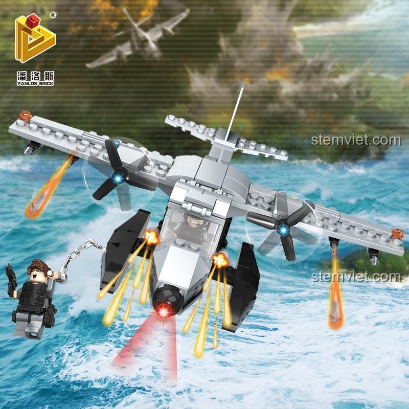 Kích thước chi tiết của bộ lắp ghép Panlos Brick 635007 Máy bay chiến đấu biển, thể hiện rõ chiều dài 25cm và chiều cao 8cm.