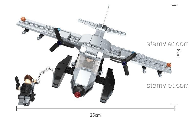 Bộ đồ chơi Máy bay phản lực quân sự Panlos Brick 635007 với chi tiết cánh quạt xoay được, mô phỏng cảnh máy bay cất cánh.