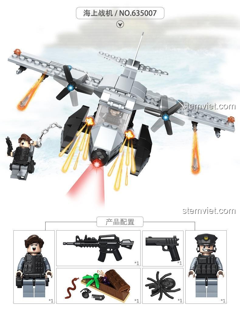 Đồ chơi lắp ráp Panlos Brick 635007 Máy bay quân sự với 2 minifigure và phụ kiện, phù hợp bé trai 6 tuổi.