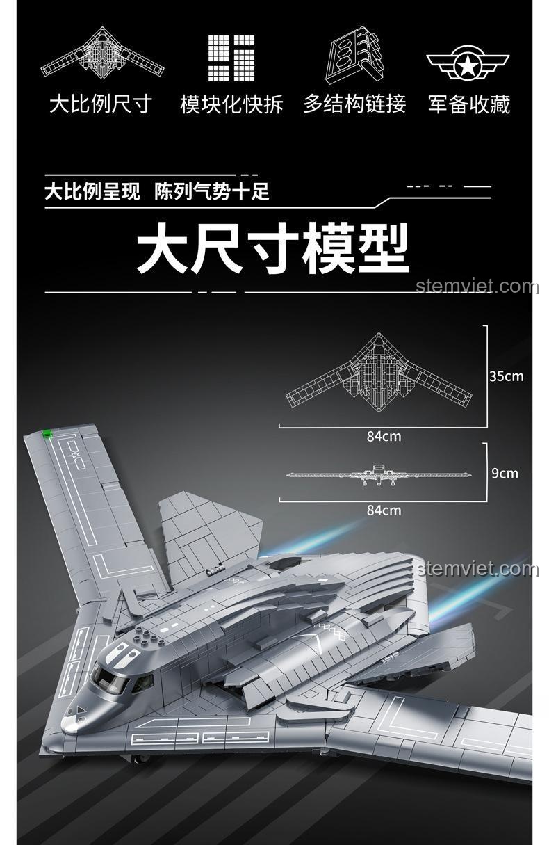 Thông tin kích thước của đồ chơi mô hình Sát thủ tàng hình H-20 639026, với chiều dài 84cm, chiều rộng 35cm và chiều cao 9cm.