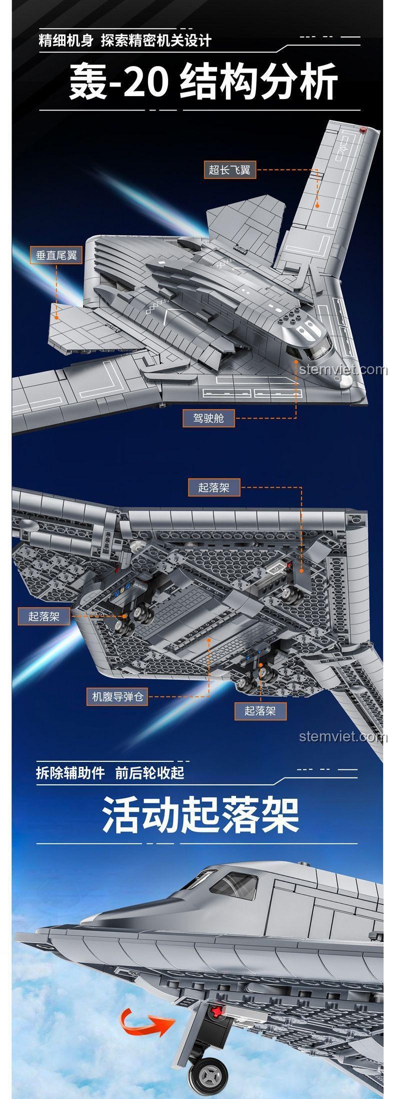 Phân tích cấu trúc chi tiết của bộ lắp ráp máy bay H-20 Panlos Brick, bao gồm càng đáp, khoang tên lửa và cánh đuôi.