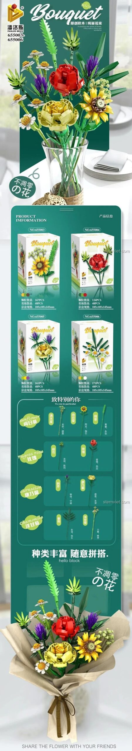 Bộ đồ chơi Panlos Brick 655004, bộ lắp ghép Hoa Xếp Hình 4 loại, đồ chơi sáng tạo cho bé gái 6 tuổi, giá tiết kiệm.