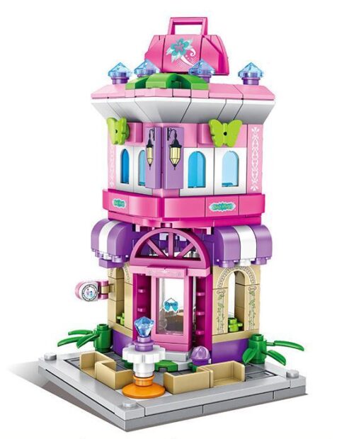 Mô hình lắp ghép Cửa hàng túi xách nữ Panlos Brick 657038 cho bé gái 6 tuổi, thiết kế dễ thương màu hồng.