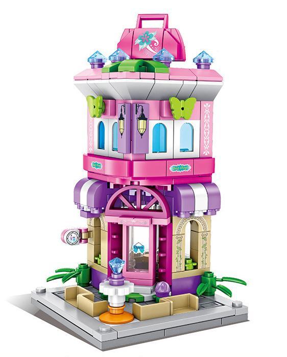 Mô hình lắp ghép Cửa hàng túi xách nữ Panlos Brick 657038 cho bé gái 6 tuổi, thiết kế dễ thương màu hồng.