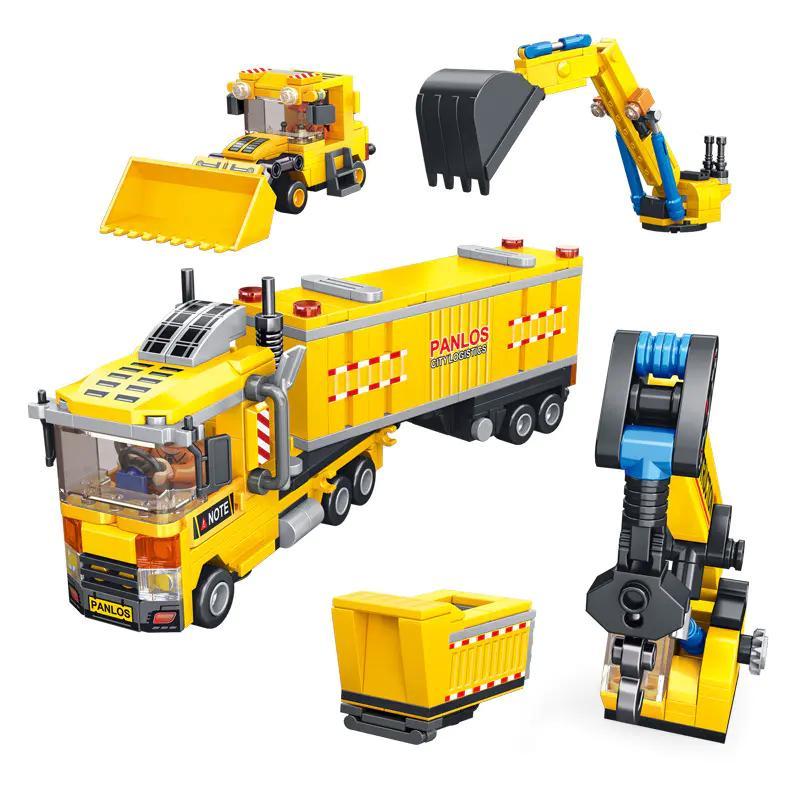 Toàn cảnh bộ đồ chơi Panlos Brick 659009 Đội Xe Cứu Hộ Công Trình với các mẫu xe lắp ráp