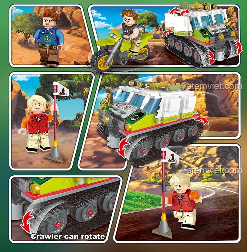 Chi tiết bộ lắp ráp Panlos Brick 662005B Xe Địa Hình Đa Năng, với bánh xích có thể xoay, mô tả các minifigure và xe máy đi kèm.