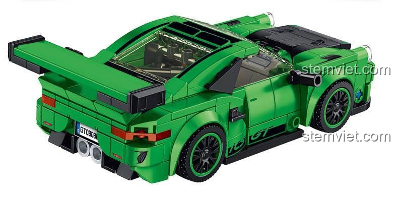 Mô hình xe đua Porsche 911 GT3 RS 666027 từ Panlos Brick, chi tiết đuôi xe và cánh gió.