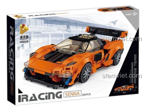 Hộp sản phẩm bộ lắp ráp Xe đua McLaren Senna Panlos Brick 666028, hiển thị hình ảnh xe và thông tin 359 chi tiết, phù hợp cho trẻ từ 6 tuổi.