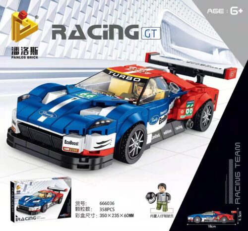 Mô hình xe đua Ford GT màu xanh và đỏ, có cánh gió lớn phía sau, đi kèm 1 minifigure người lái xe đội mũ bảo hiểm.