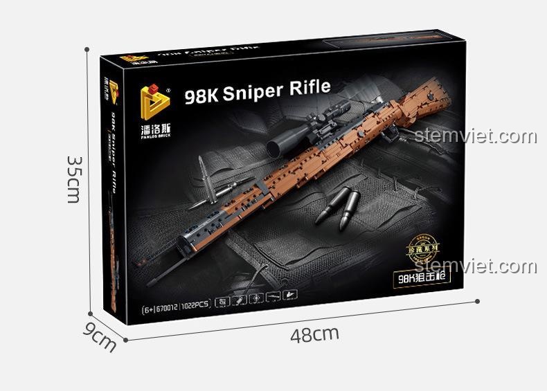 Hộp sản phẩm bộ đồ chơi Súng trường Kar98k Mauser Panlos Brick 670012, đồ chơi mô hình súng bắn tỉa với 1022 chi tiết, kích thước hộp 48x9x35cm.