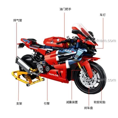 Chi tiết các tính năng của đồ chơi mô hình Panlos Brick 672008: ống xả, động cơ, giảm xóc, phanh đĩa. Món quà phù hợp cho con trai.