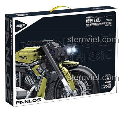 Hộp sản phẩm bộ lắp ráp Panlos Brick 672110 Mô tô Phantom Đêm, với hình ảnh xe cực ngầu và thông tin 2427 chi tiết, tỉ lệ 1:5.