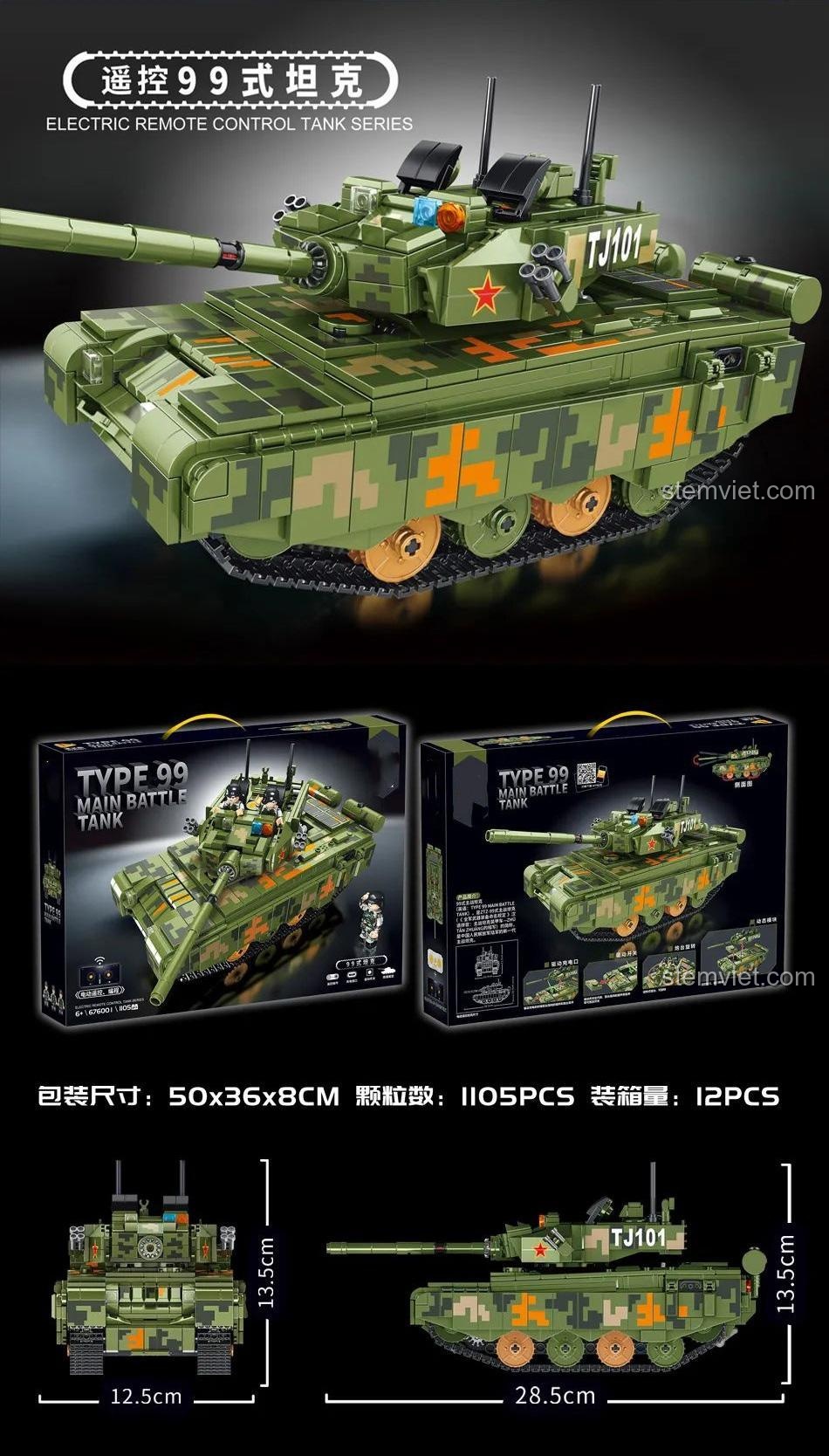 Kích thước bộ đồ chơi lắp ráp 676001 Xe Tăng Type 99 Main Battle Tank 1105 mảnh cho bé trai 6 tuổi