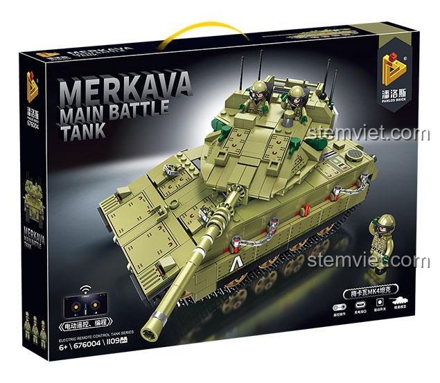 Hộp đồ chơi Panlos Brick 676004 Xe Tăng Chiến Đấu Chủ Lực Merkava MK4 Điều Khiển Từ Xa với hình ảnh xe tăng và 3 minifigures lính, phù hợp bé trai 6 tuổi.