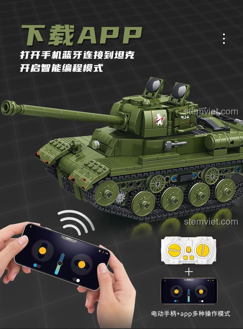 Các chế độ điều khiển đa dạng của bộ đồ chơi Panlos Brick 676007 Xe Tăng Stalin II JS-2, bao gồm lập trình, điều khiển con quay hồi chuyển và điều khiển từ xa, đồ chơi xe tăng hạng nặng JS-2