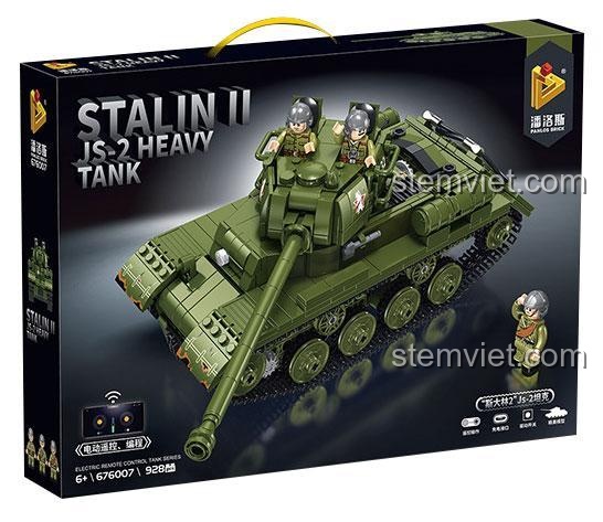 Đồ chơi mô hình Panlos Brick 676007 Xe Tăng Stalin II JS-2, hộp sản phẩm, 3 minifigure lính và tay cầm điều khiển từ xa, bộ đồ chơi xe tăng quân sự
