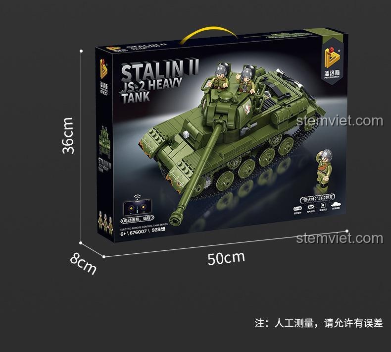 Kích thước mô hình của bộ lắp ghép Panlos Brick 676007 Xe Tăng Stalin II JS-2: dài 31cm, rộng 12cm, cao 11cm, đồ chơi mô hình xe tăng quân sự