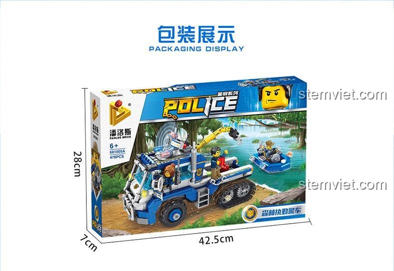 Hộp đồ chơi mô hình 5A Panlos Brick Xe Cảnh Sát Tuần Tra Rừng hiển thị rõ ràng kích thước hộp 42.5cm x 28cm x 7cm và số chi tiết 478 mảnh, giúp người mua dễ dàng hình dung sản phẩm.