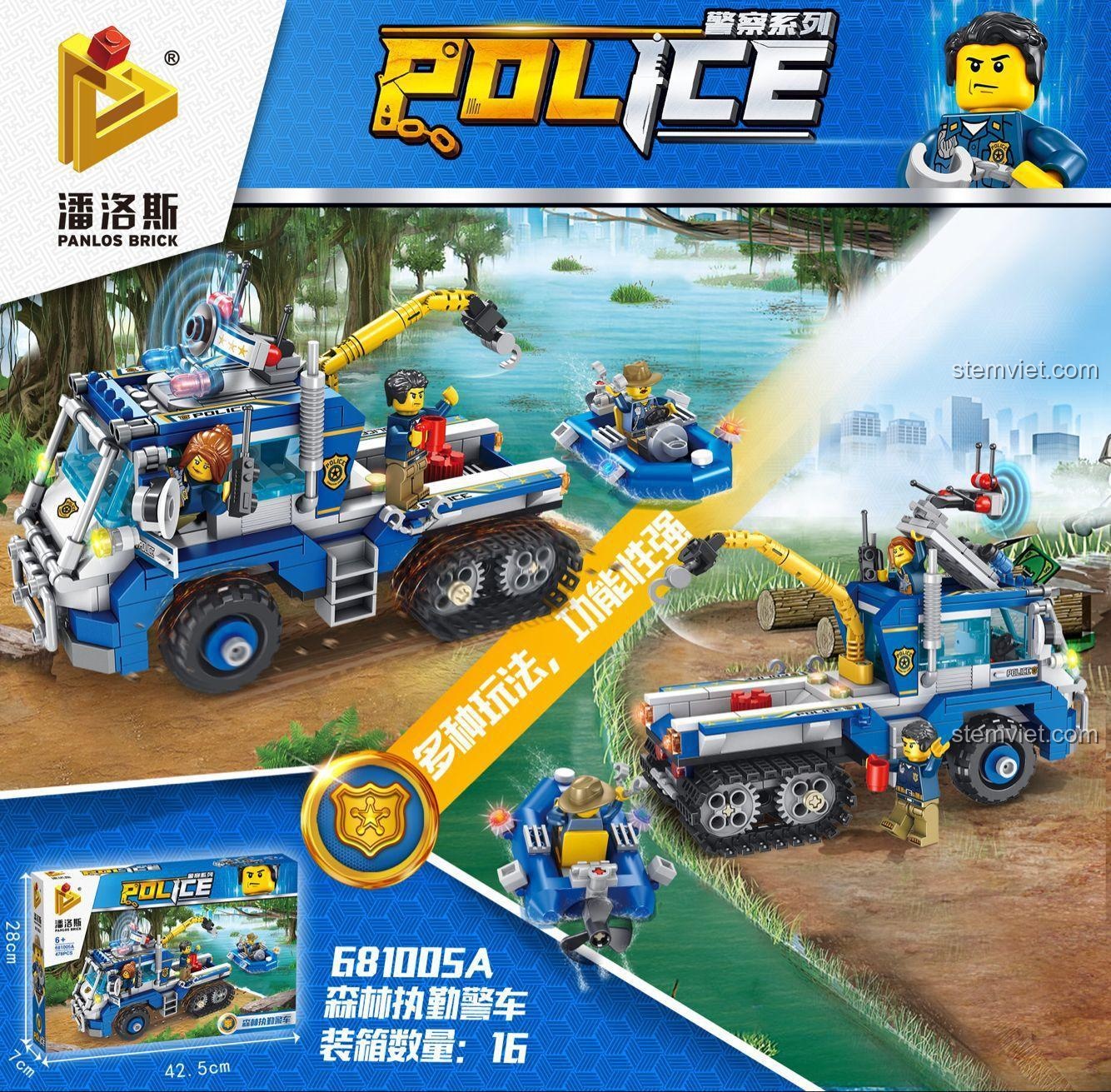 Hộp bộ xếp hình 1005A Panlos Brick Xe Cảnh Sát Tuần Tra Rừng hiển thị kích thước 42.5cm x 28cm x 7cm, cùng với mô hình xe bán xích và thuyền cảnh sát, phù hợp cho bé trai 6 tuổi.