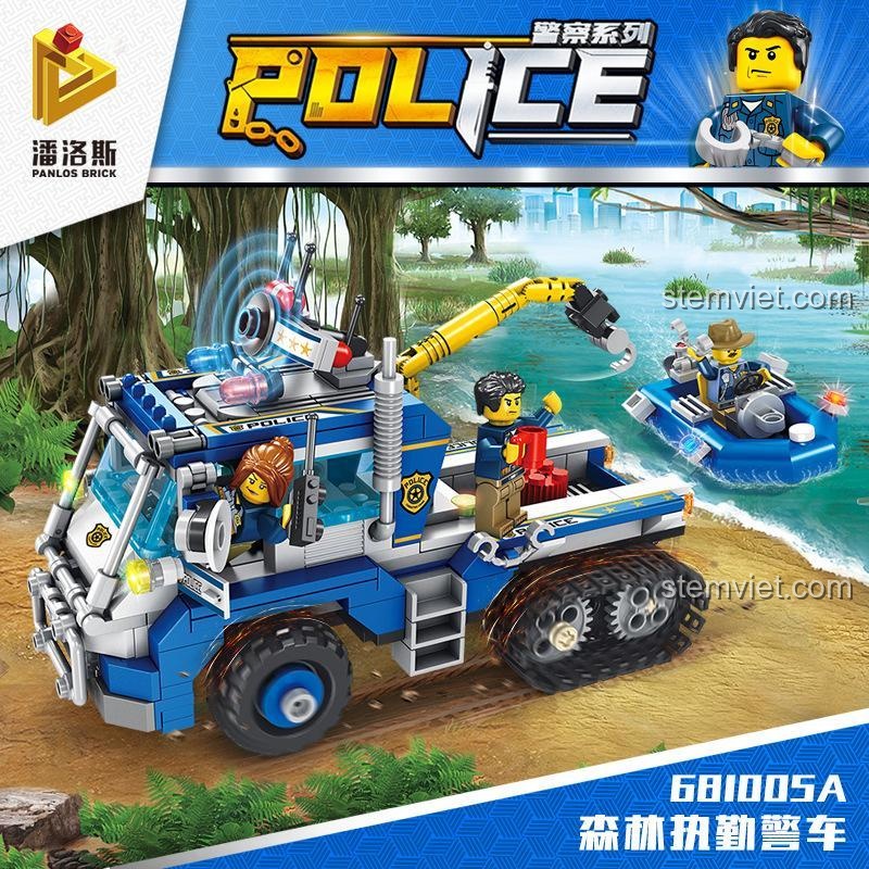 Bộ đồ chơi 681005 A Panlos Brick Xe Cảnh Sát Tuần Tra Rừng với logo Panlos Brick và biểu tượng cảnh sát, nhấn mạnh chủ đề cảnh sát và chất lượng sản phẩm.