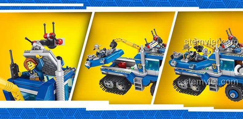 Bộ lắp ráp Xe cảnh sát đa năng Panlos Brick 681005A với các tính năng nổi bật như đèn siren, khả năng gắn thuyền, và cần cẩu xoay, mang lại trải nghiệm chơi đa dạng.