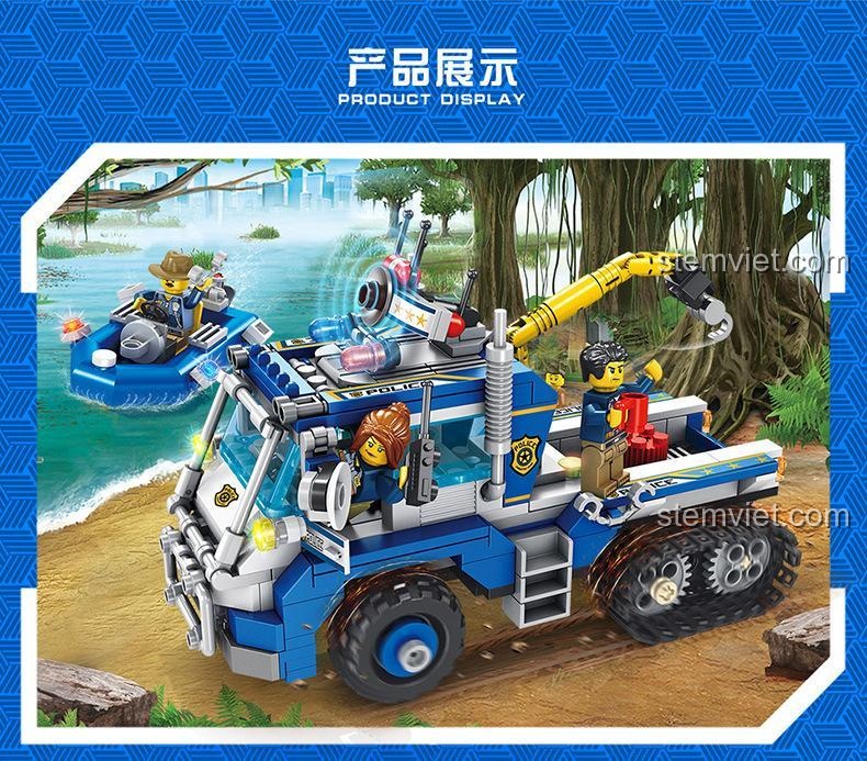 Đồ chơi mô hình Xe cảnh sát địa hình Panlos Brick 681005A trong khung cảnh rừng rậm, thể hiện khả năng tuần tra đa địa hình, kích thích sáng tạo cho bé trai.