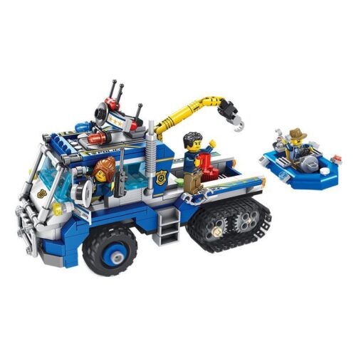 Bộ lắp ráp Xe cảnh sát tuần tra rừng Panlos Brick 681005A với xe bán xích và thuyền cảnh sát, phù hợp cho bé trai 6 tuổi, mang lại trải nghiệm Hành Động Rừng Xanh giá tốt.