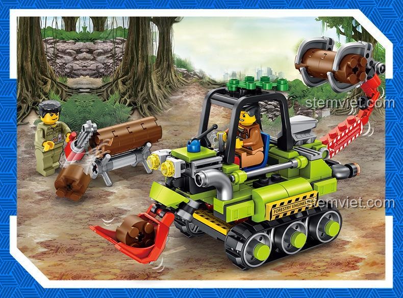 Cảnh chơi xe máy xúc gỗ và minifigure trong bộ lắp ghép Panlos Brick 681005B, đồ chơi mô hình cảnh sát, phát triển tư duy sáng tạo.