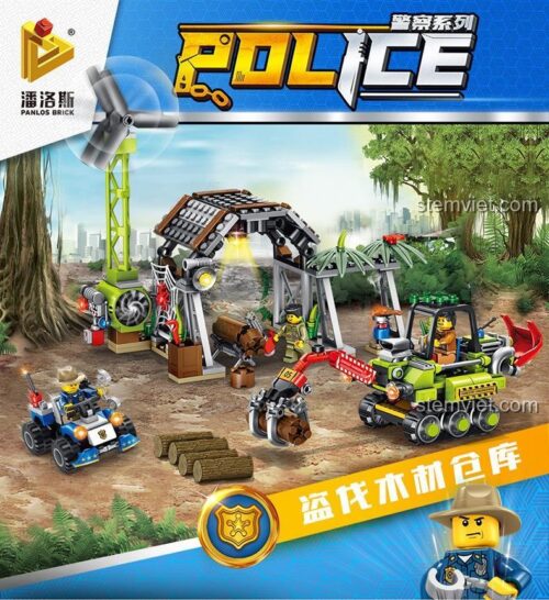 Hộp sản phẩm Panlos Brick 681005B Đồn Cảnh Sát Chống Phá Rừng, đồ chơi mô hình cảnh sát chống phá rừng, bộ xếp hình kho gỗ lậu, phù hợp bé trai 6 tuổi.