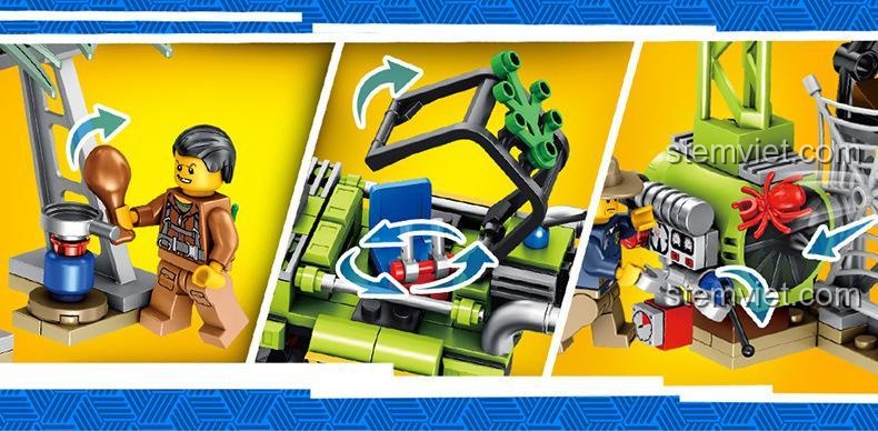 Các tính năng chuyển động của mô hình Panlos Brick 681005B, đồ chơi lắp ráp cảnh sát chống phá rừng, chi tiết cần cẩu và cánh quạt.