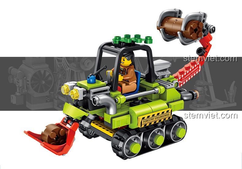 Chi tiết xe máy xúc gỗ trong bộ lắp ghép Panlos Brick 681005B, đồ chơi lắp ráp cảnh sát chống phá rừng, tính năng chuyển động, cho bé trai.