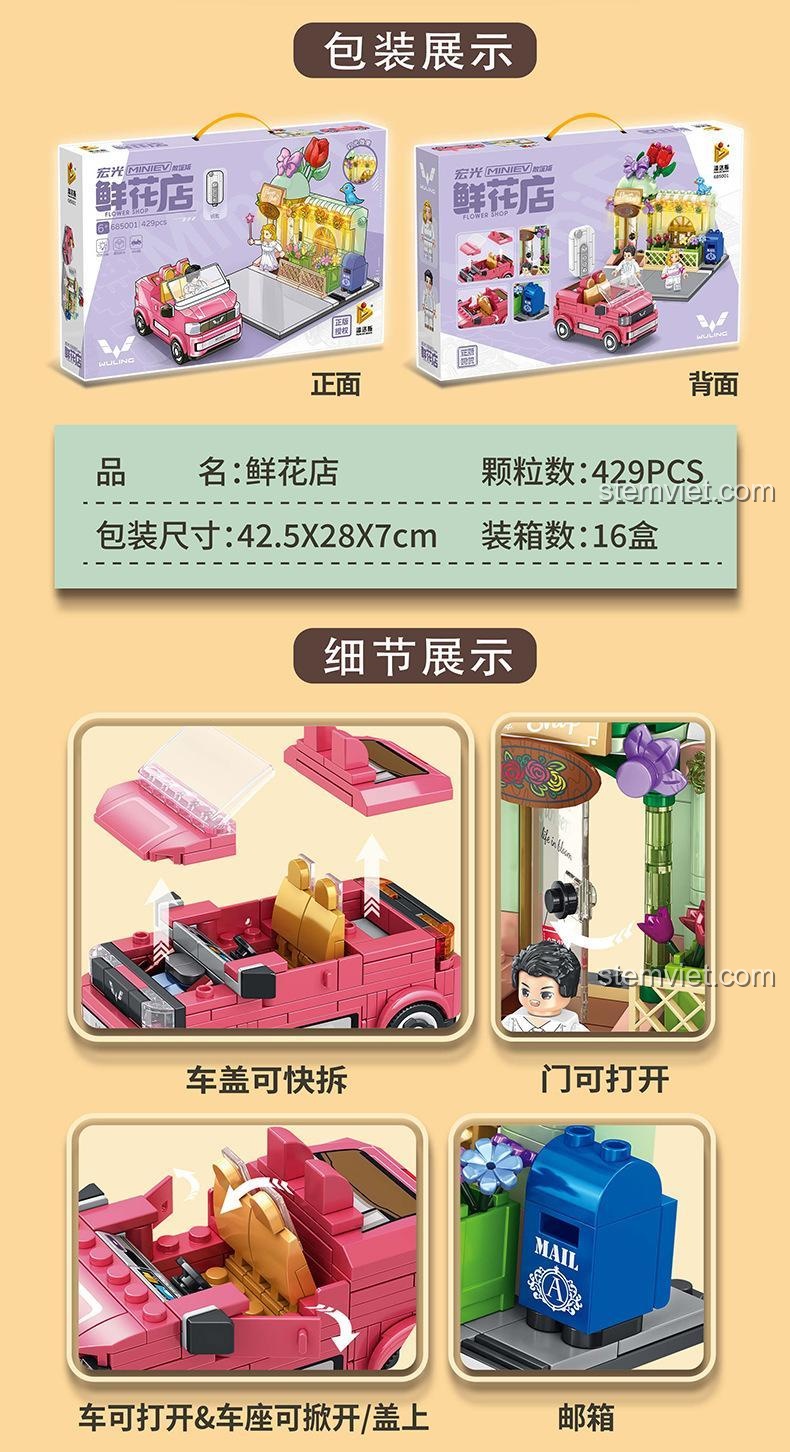 Chi tiết các bộ phận của mô hình Panlos Brick 685001, cửa có thể mở.