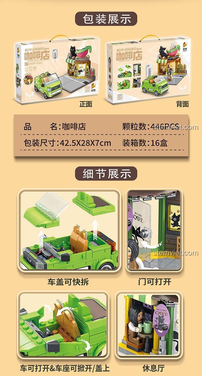 Chi tiết tính năng của bộ đồ chơi Panlos Brick 685002: mui xe tháo rời, cửa mở được.