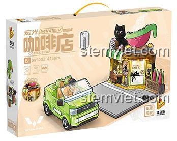 Hộp đồ chơi xếp hình Panlos Brick 685002 mô hình Tiệm Cà Phê và xe Wuling, 446 mảnh.
