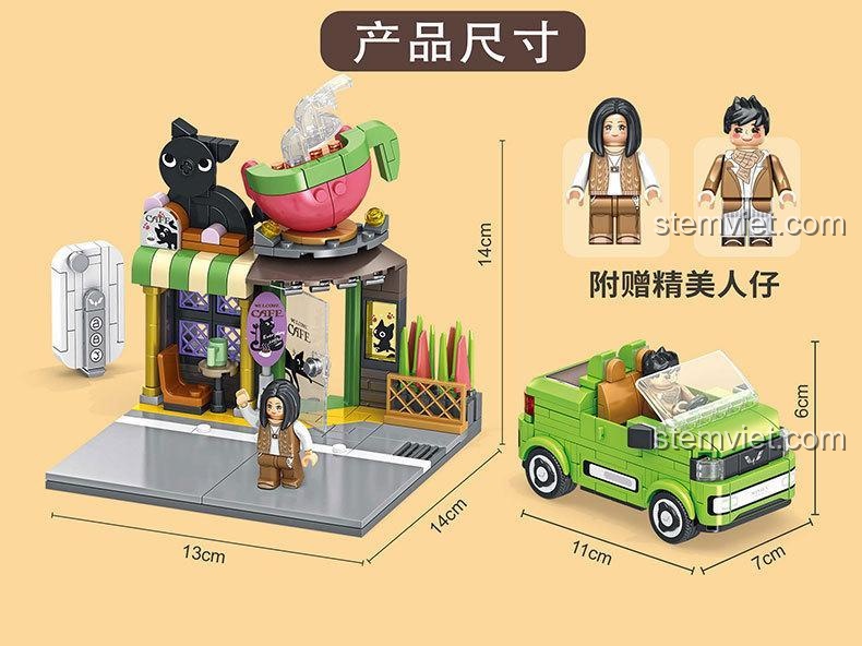 Kích thước mô hình lắp ráp Panlos Brick 685002 Quán Cà Phê và xe Wuling MINIEV.