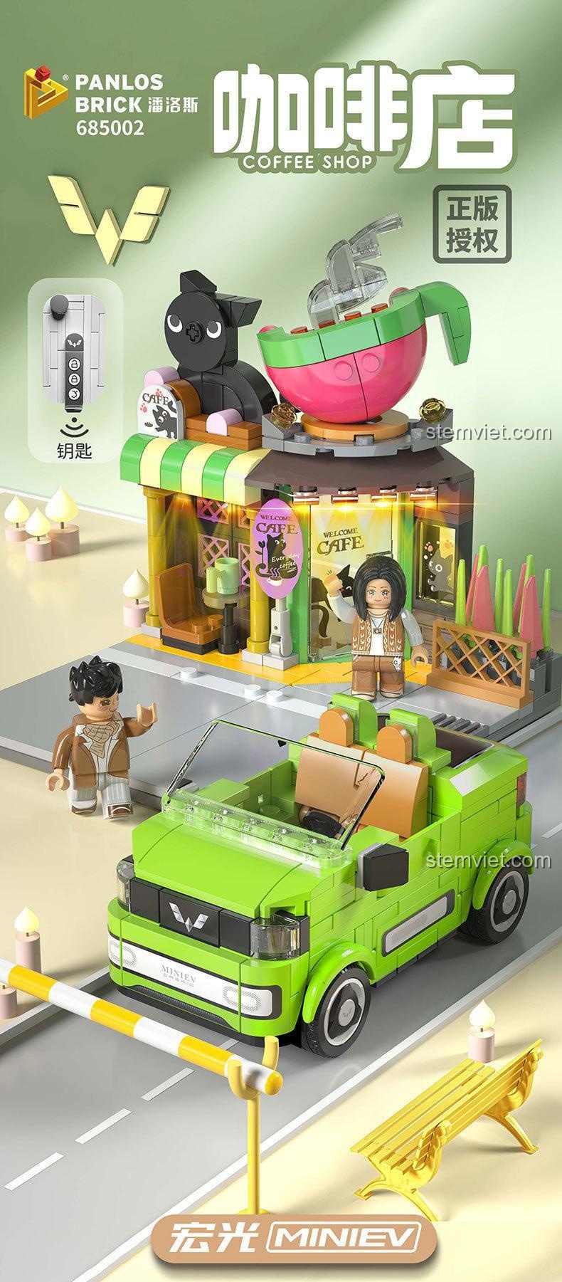 Mô hình lắp ghép 685002 Quán Cà Phê Mèo và xe Wuling MINIEV, thương hiệu Panlos Brick.