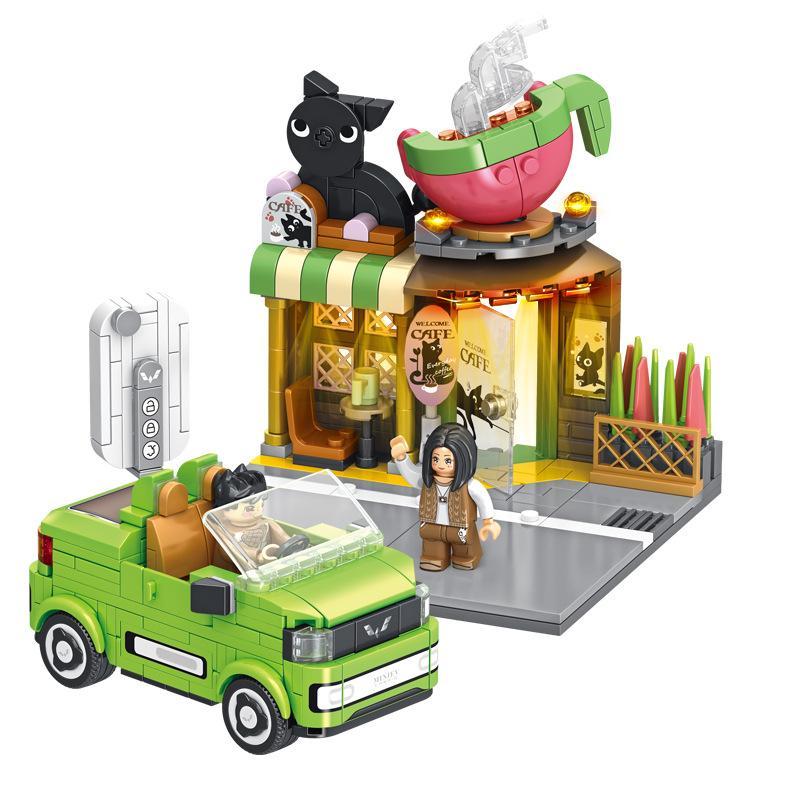 Bộ lắp ráp Quán Cà Phê Mèo và xe Wuling MINIEV mui trần Panlos Brick 685002 cho bé gái 6 tuổi, giá tốt.