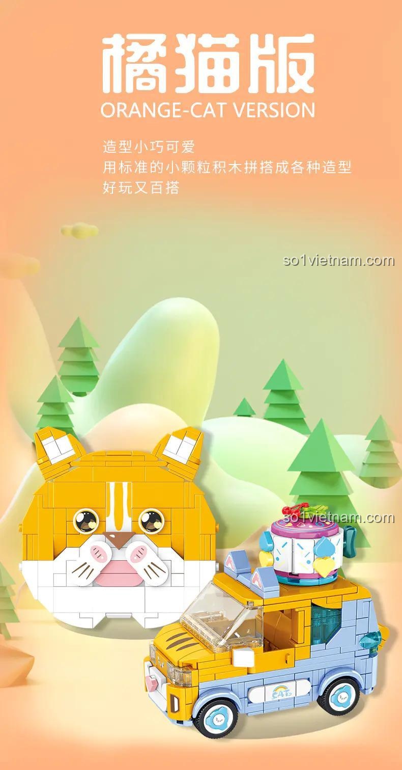 Mô hình Xe hơi Mèo Cam 685005 và đầu mèo sau khi lắp ráp hoàn chỉnh, màu sắc tươi sáng, bắt mắt.