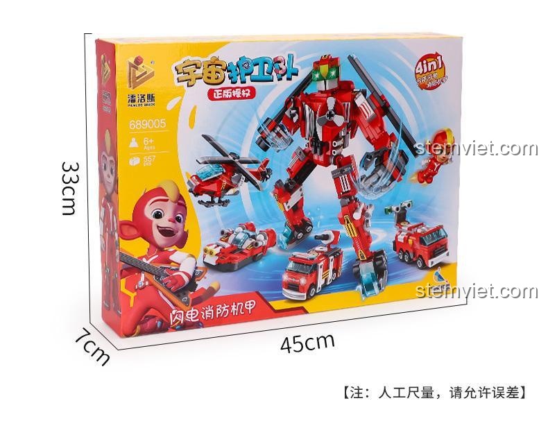 Hộp đồ chơi lắp ghép Panlos Brick 689005 Robot Biến Hình Cứu Hỏa Tia Chớp, kích thước hộp 45x7x33cm, cho bé trai 6 tuổi.