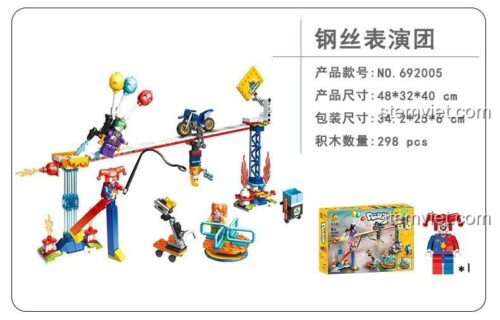 Đồ chơi lắp ráp Sân Khấu Xiếc Dây Thép Inbrixx 692005, thể hiện kích thước mô hình và hộp, giúp bé 6 tuổi phát triển tư duy.