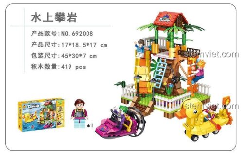 Đồ chơi lắp ráp Panlos Brick 692008 Khu Vui Chơi Kỳ Ảo: Leo Núi Nước với 419 mảnh ghép, mô hình khu vui chơi nước, thuyền vịt, xe trượt nước, phù hợp cho bé 6 tuổi.