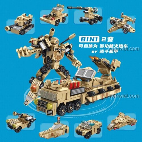 PanlosBrick 620004 Xe tăng chiến đấu Super Warrior 8 trong 1, Bộ lắp ráp quân sự cho bé trai 6 tuổi, Lắp ráp 8 mẫu khác nhau, Màu vàng, Tương thích LEGO®