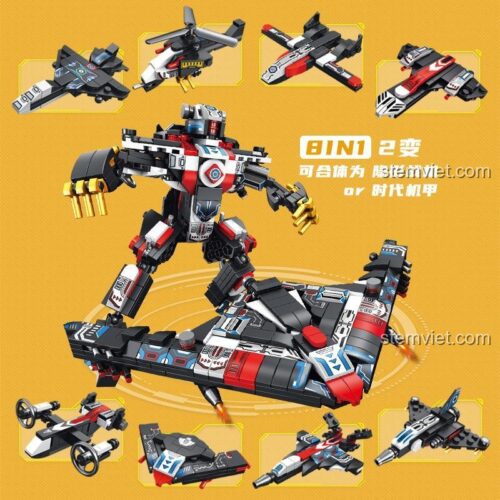 Các mẫu lắp ráp khác nhau của bộ đồ chơi Super Warrior, bao gồm máy bay và robot