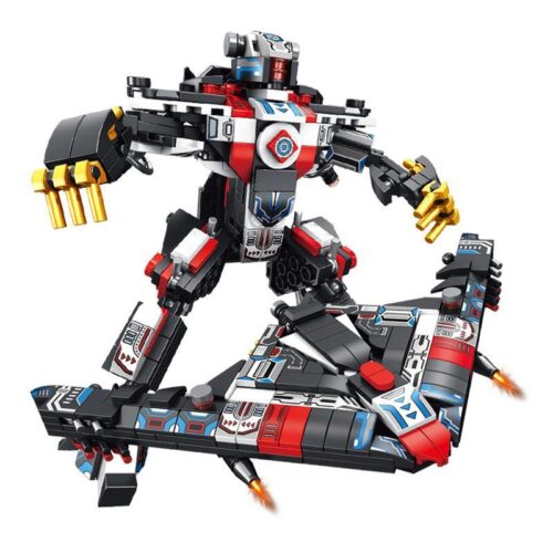 Mô hình Super Warrior màu đen, đỏ, trắng, có các chi tiết máy bay và robot