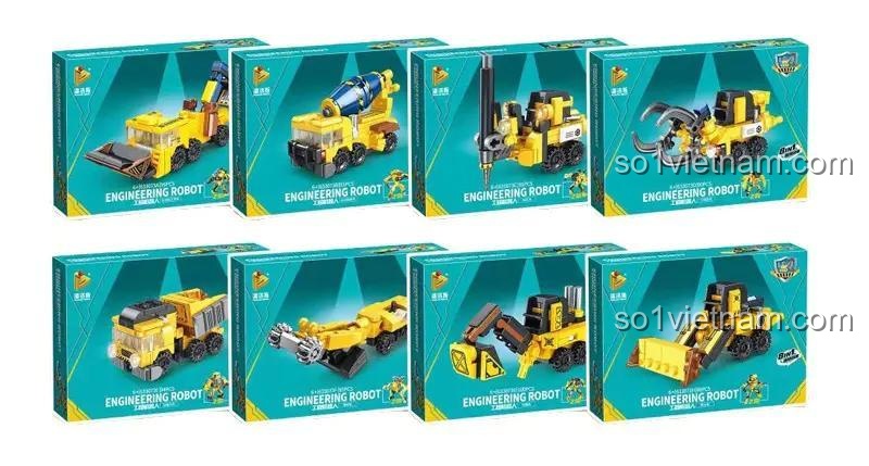Bộ 8 hộp nhỏ của Xe Công Trình Biến Hình Inbrixx 633073, mỗi hộp là một mẫu xe riêng biệt, đồ chơi mô hình giá rẻ cho bé trai 6 tuổi.