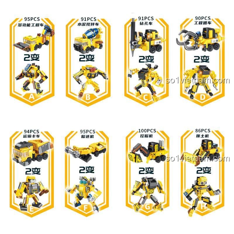 Chi tiết 8 mẫu xe công trình nhỏ của bộ lắp ghép Robot Kỹ Sư 633 073, mỗi xe có thể biến hình, đồ chơi xây dựng giá tốt cho bé trai.