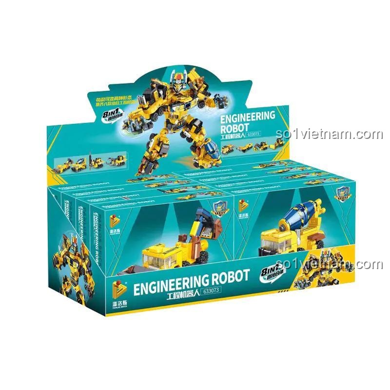 Hộp đồ chơi mô hình 633073 Robot Công Trình PanlosBrick, hiển thị robot và các xe công trình biến hình, phù hợp bé trai 6 tuổi.