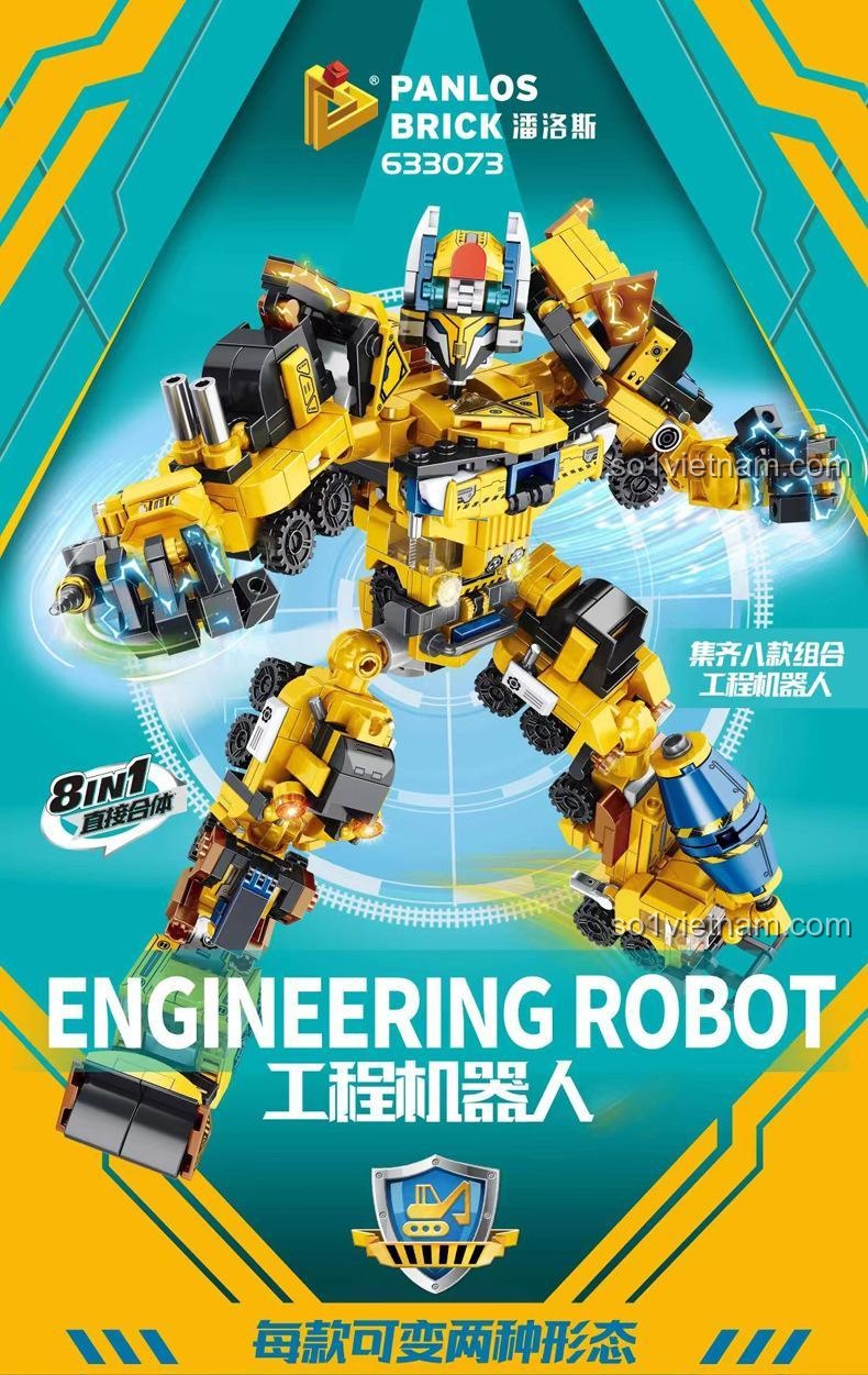 Hộp sản phẩm bộ lắp ghép PanlosBrick 633073 Robot Công Trình, thể hiện khả năng hợp thể 8 trong 1, đồ chơi mô hình giá rẻ cho bé trai 6 tuổi.