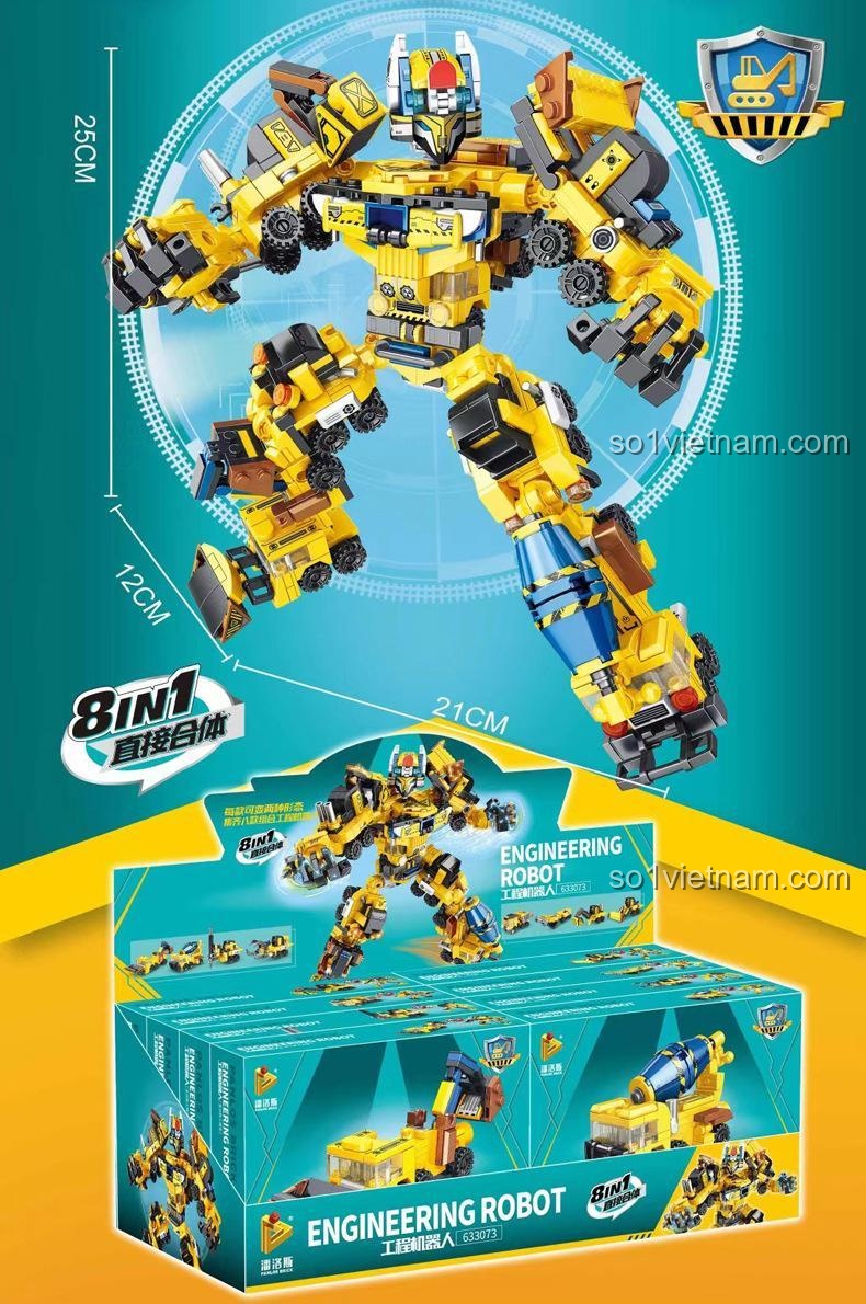 Kích thước của bộ đồ chơi 633073 Robot Công Trình PanlosBrick, thể hiện chiều cao 25cm, rộng 12cm, dài 21cm, phù hợp bé trai 6 tuổi.